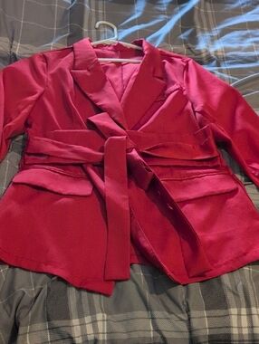SHEIN Red Tie-Belt Blazer Jacket
